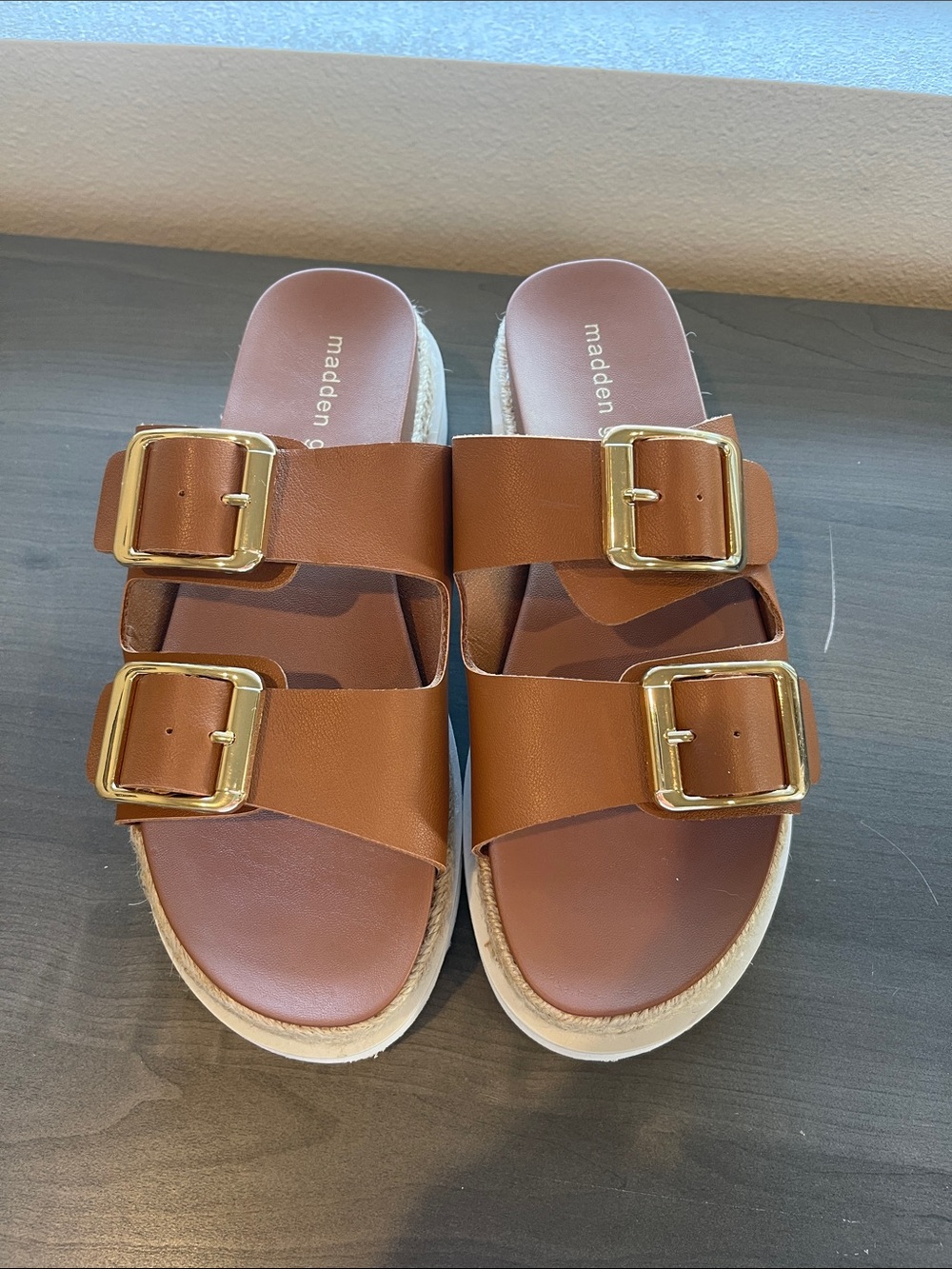 Madden Girl Brown Double-Buckle Espadrille Slide Sandals